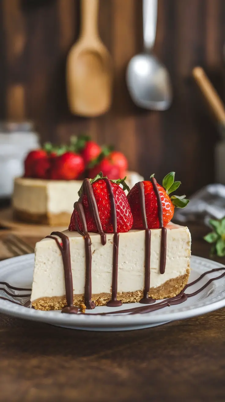 Slice of creamy no-bake cheesecake garnished with strawberries and chocolate sauce on white plate.