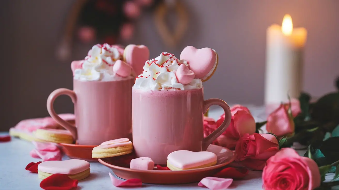 Two mugs of pink velvet hot chocolate with whipped cream and heart marshmallows, surrounded by Valentine