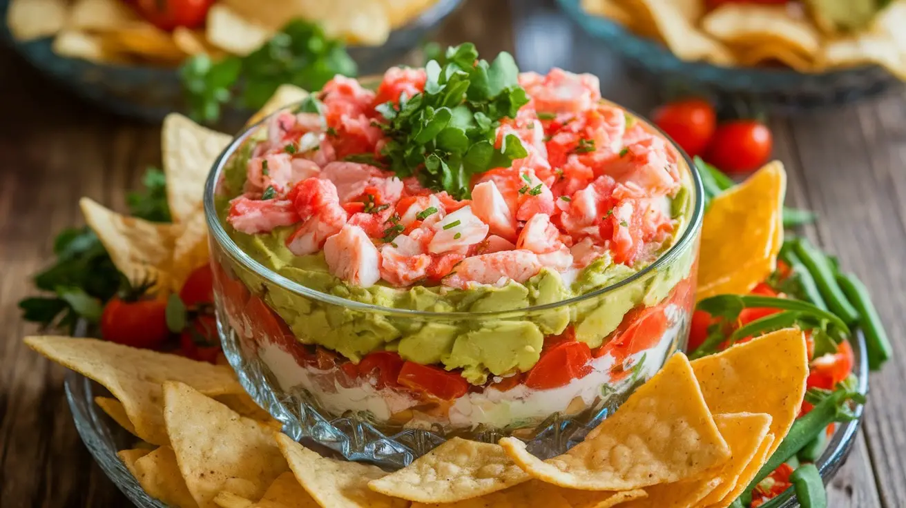 A layered dip with avocado, crab meat, and tomatoes, served with tortilla chips on a rustic wooden table.