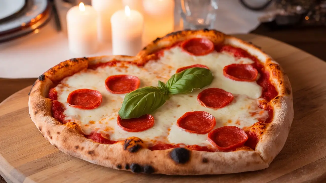 Heart-shaped pizza with melted cheese and pepperoni, garnished with basil, on a rustic wooden table.