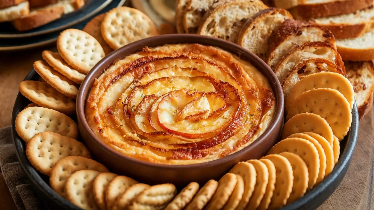 Caramelized apple and onion cheese dip in a bowl with crackers and toasted bread on a rustic table.