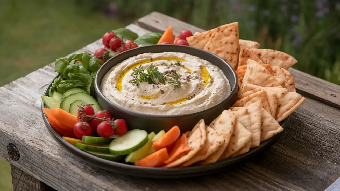 Truffled Parmesan White Bean Dip with fresh veggies and pita chips on a rustic table.