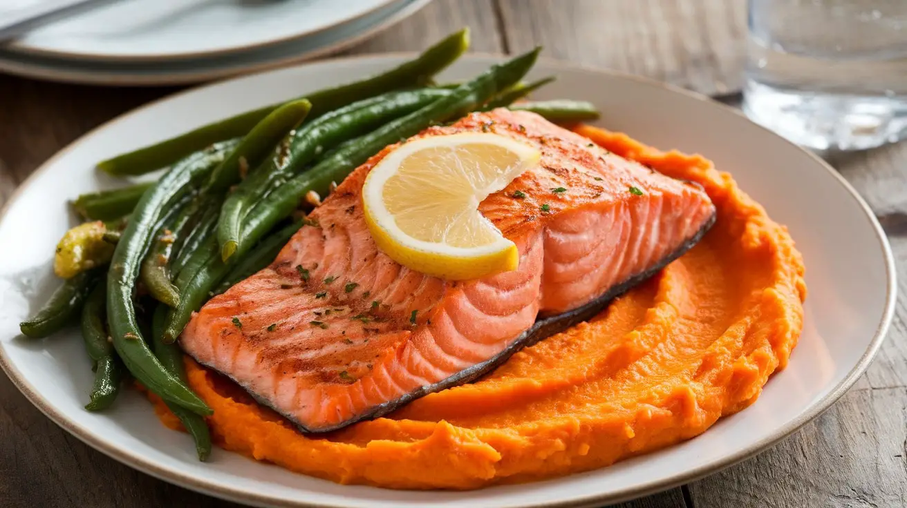 Grilled salmon fillet served with sweet potato mash and garlic green beans on a rustic wooden table.