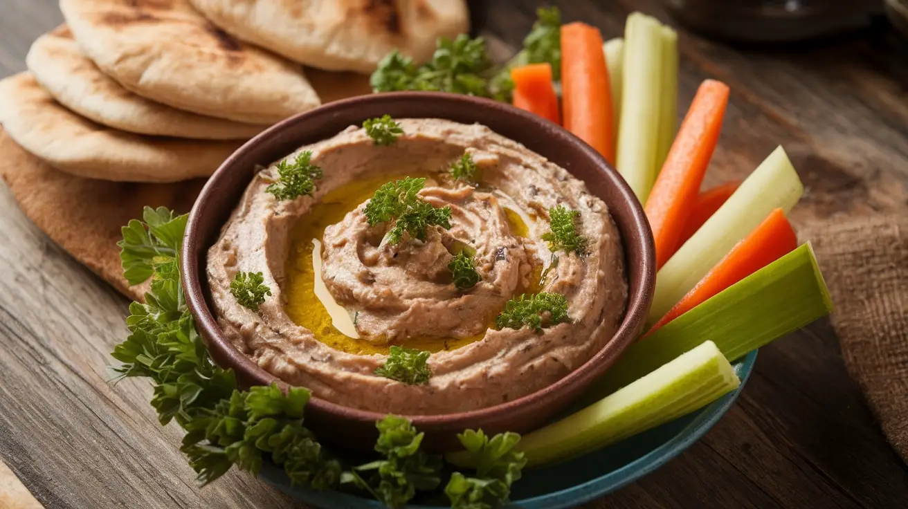 Creamy Baba Ghanoush dip made from roasted eggplant, served with pita bread and veggie sticks, garnished with parsley.