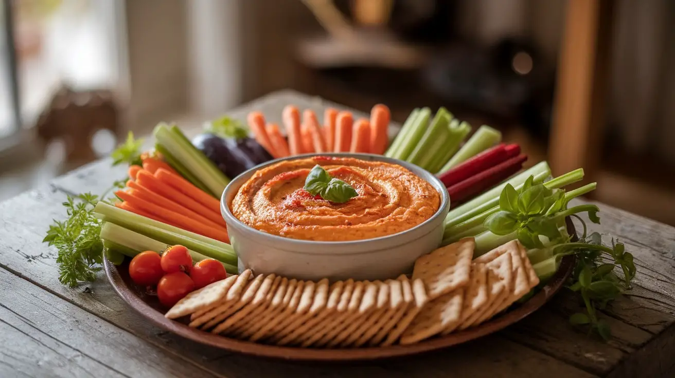 Creamy sun-dried tomato and basil dip with fresh vegetables and crackers on a wooden table.