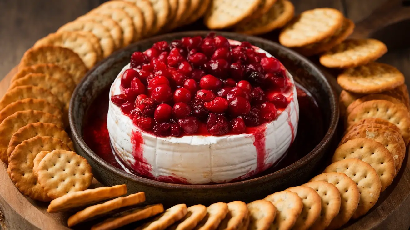 Warm brie cheese topped with cranberry relish, served with crackers and baguette slices on a rustic board.