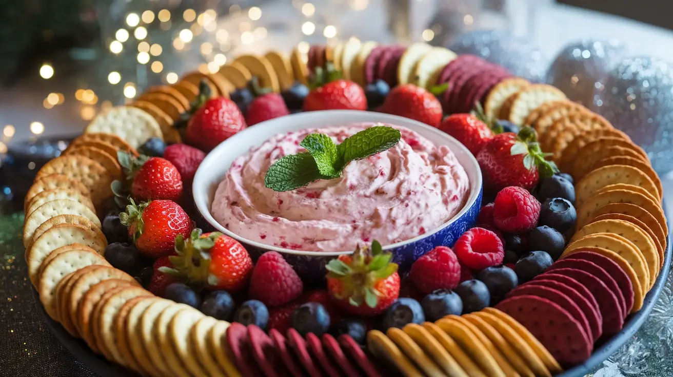 Champagne and Berry Cream Cheese Dip garnished with mint, served with crackers and fresh berries on a festive table.