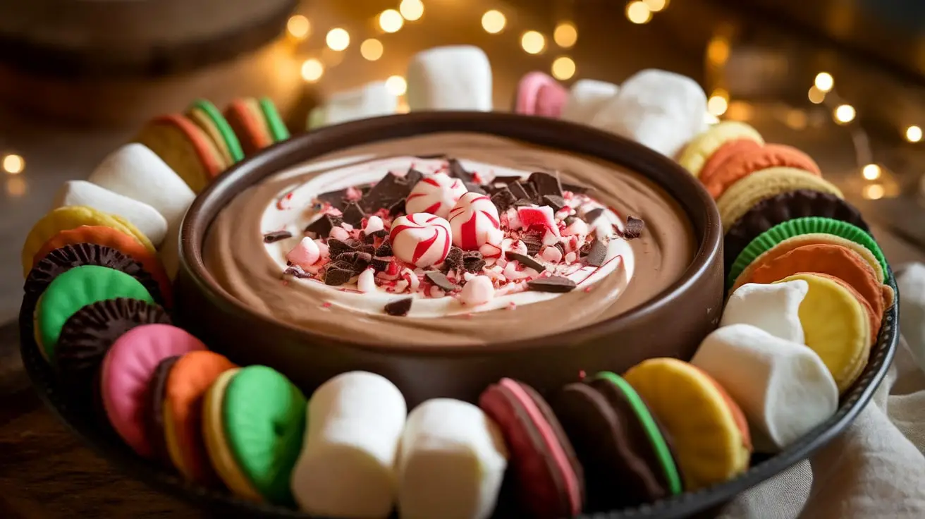 Hot Peppermint Mocha Dessert Dip in a bowl, garnished with chocolate shavings and peppermint candies, with cookies and marshmallows for dipping.