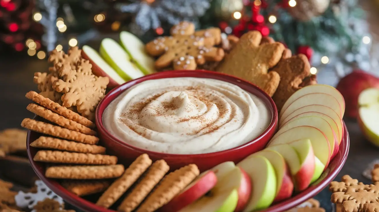 A bowl of spiced eggnog dessert dip with various dippers like cookies and fruit, decorated for the holidays.