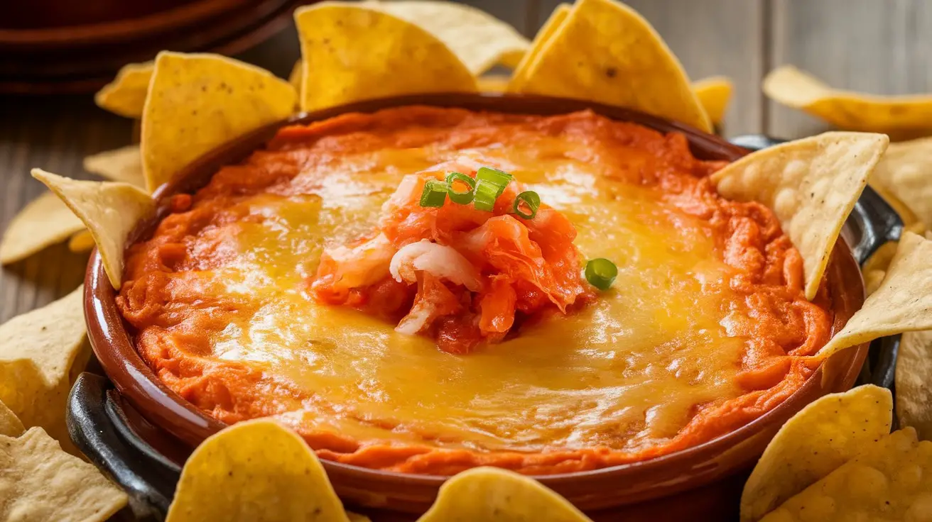 A cheesy kimchi dip with tortilla chips on a wooden table.