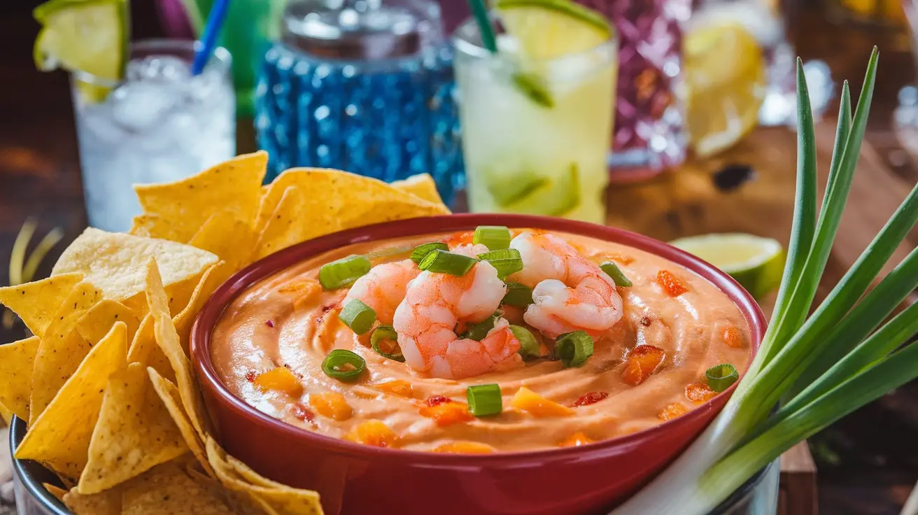 A bowl of creamy shrimp dip with pineapple, served with tortilla chips, in a lively party setting.