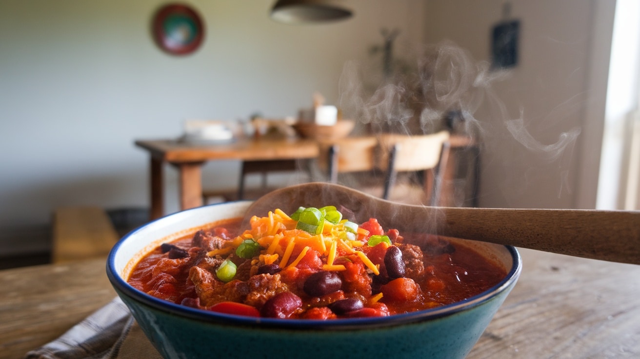 A delicious bowl of chili topped with cheese and green onions, featuring stew meat and beans.