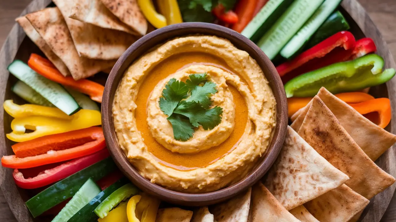 Creamy Coconut Curry Dip in a bowl, garnished with cilantro, with a platter of fresh vegetables and pita chips.