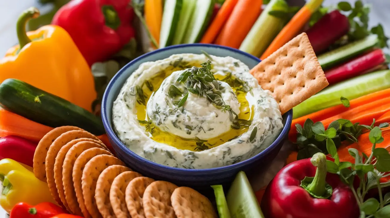 Creamy Italian Herb Ricotta Dip in a bowl with fresh herbs, surrounded by vegetables and crackers.