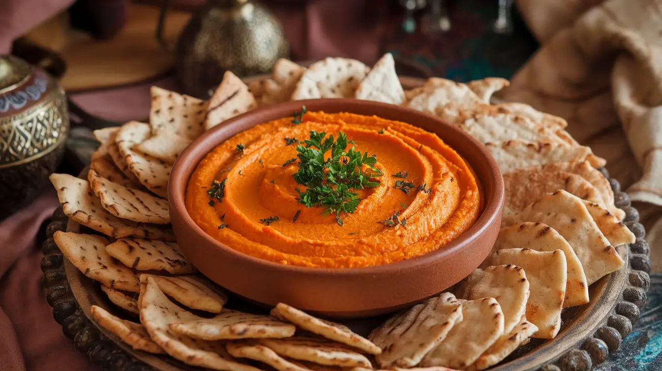 A bowl of creamy Moroccan spiced carrot dip garnished with parsley, surrounded by pita chips on a wooden platter.