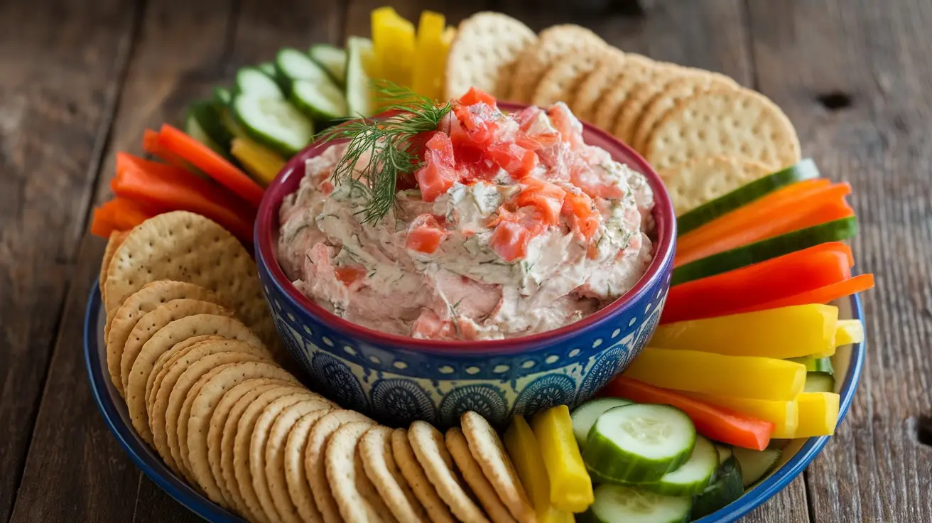 Creamy smoked trout and horseradish dip with crackers and fresh vegetables on a wooden table.