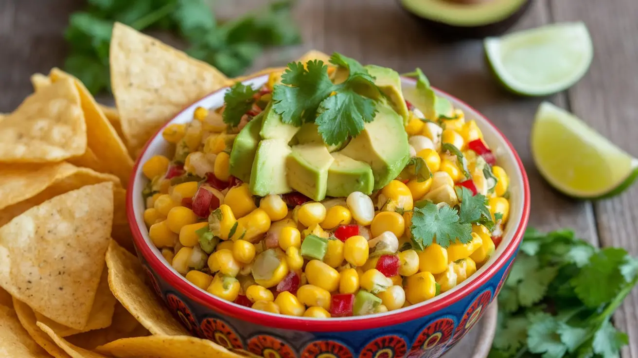 A vibrant bowl of Southwest Corn and Avocado Dip with tortilla chips on a rustic wooden table.