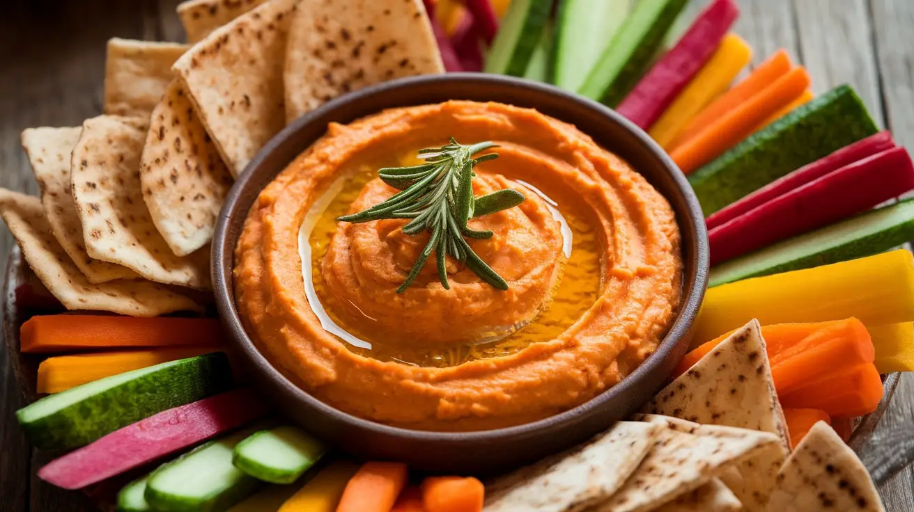 Creamy Sweet Potato and Rosemary Dip with vegetable sticks and pita chips.