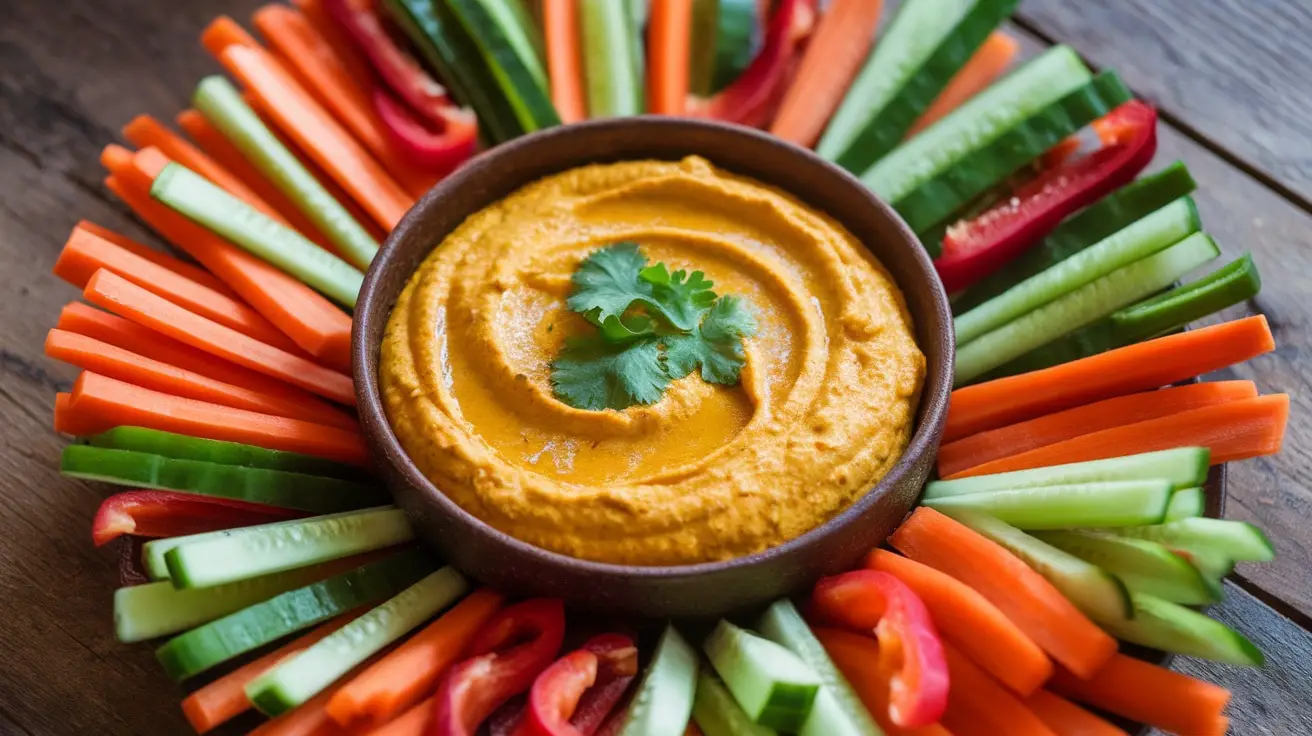 A bowl of Curry Yogurt Dip garnished with cilantro, surrounded by fresh vegetables like carrots, cucumbers, and bell peppers on a wooden table.