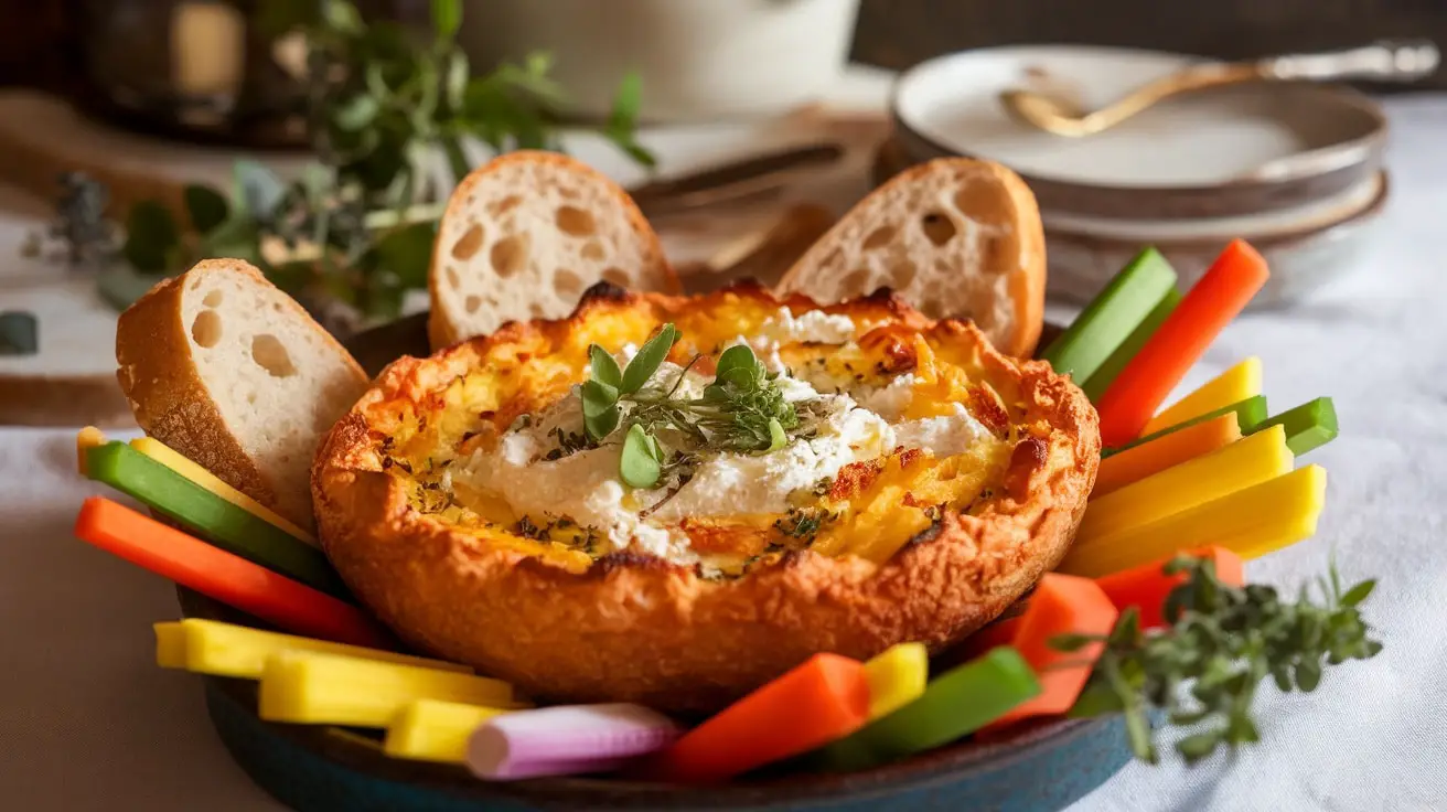 Baked Ricotta and Lemon Dip in a dish with baguette slices and vegetable sticks on a rustic table.