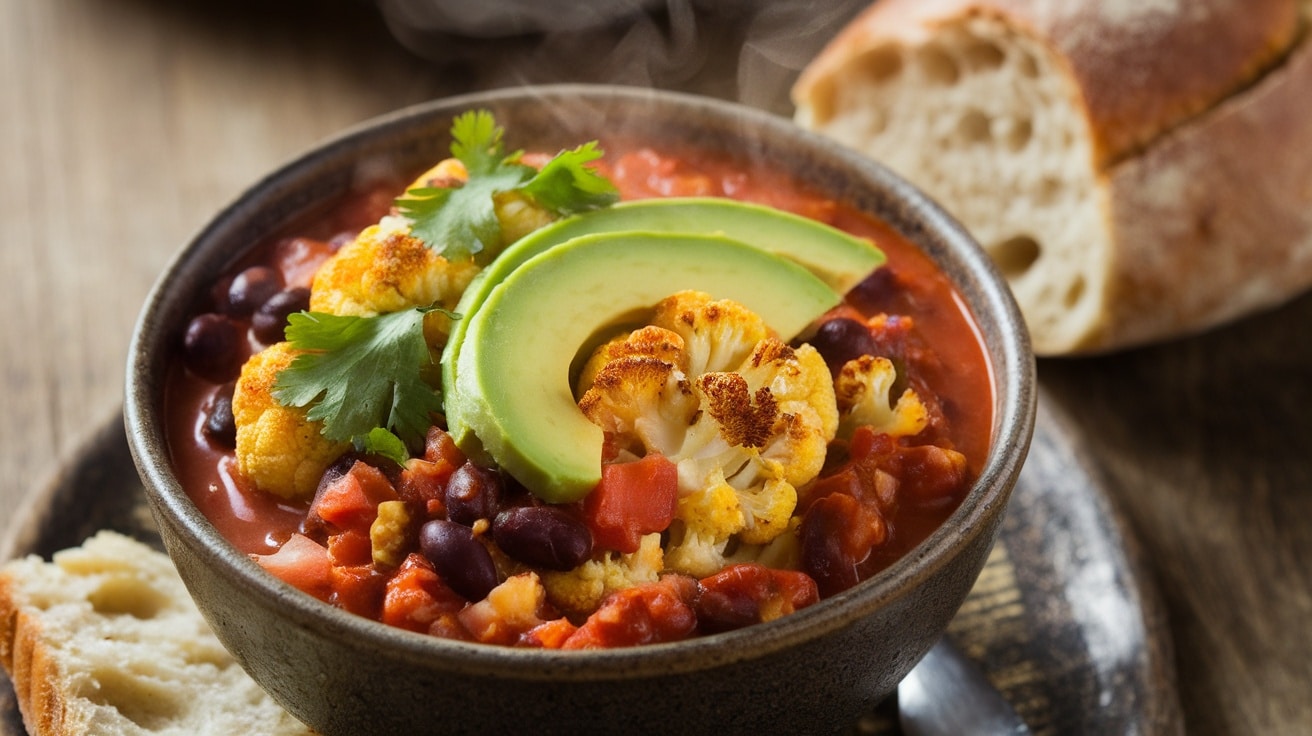 A hearty bowl of spicy cauliflower chili with black beans and diced tomatoes, garnished with avocado and cilantro.