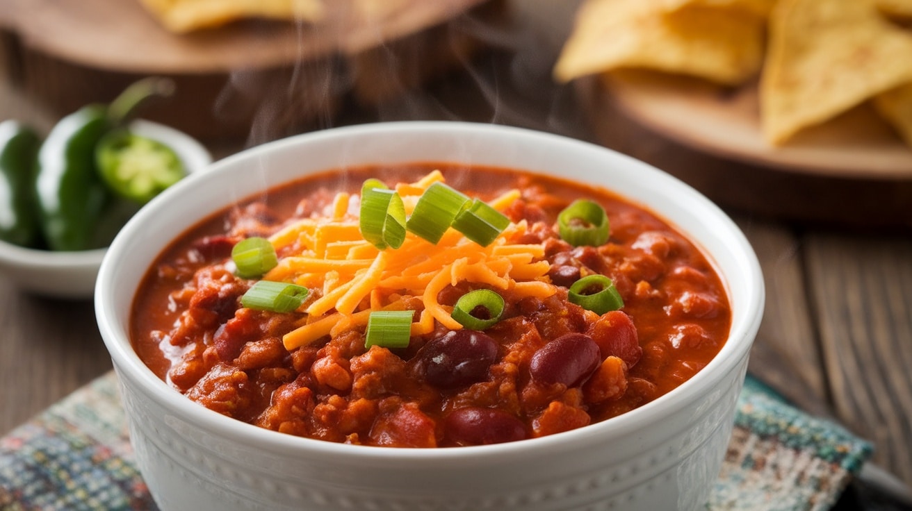 A bowl of spicy homemade chili topped with cheese and onions, served with chips and jalapeños on a rustic table.