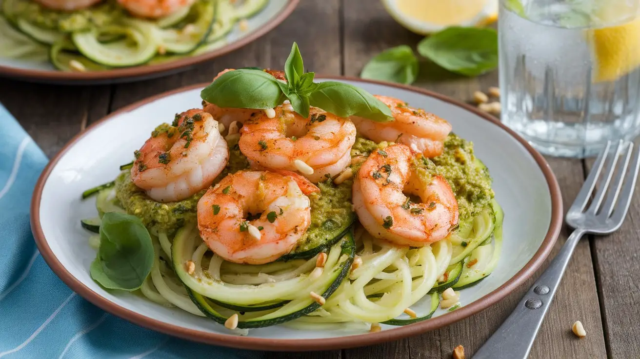 Gluten-free zucchini noodles with grilled shrimp and pesto on a rustic table.