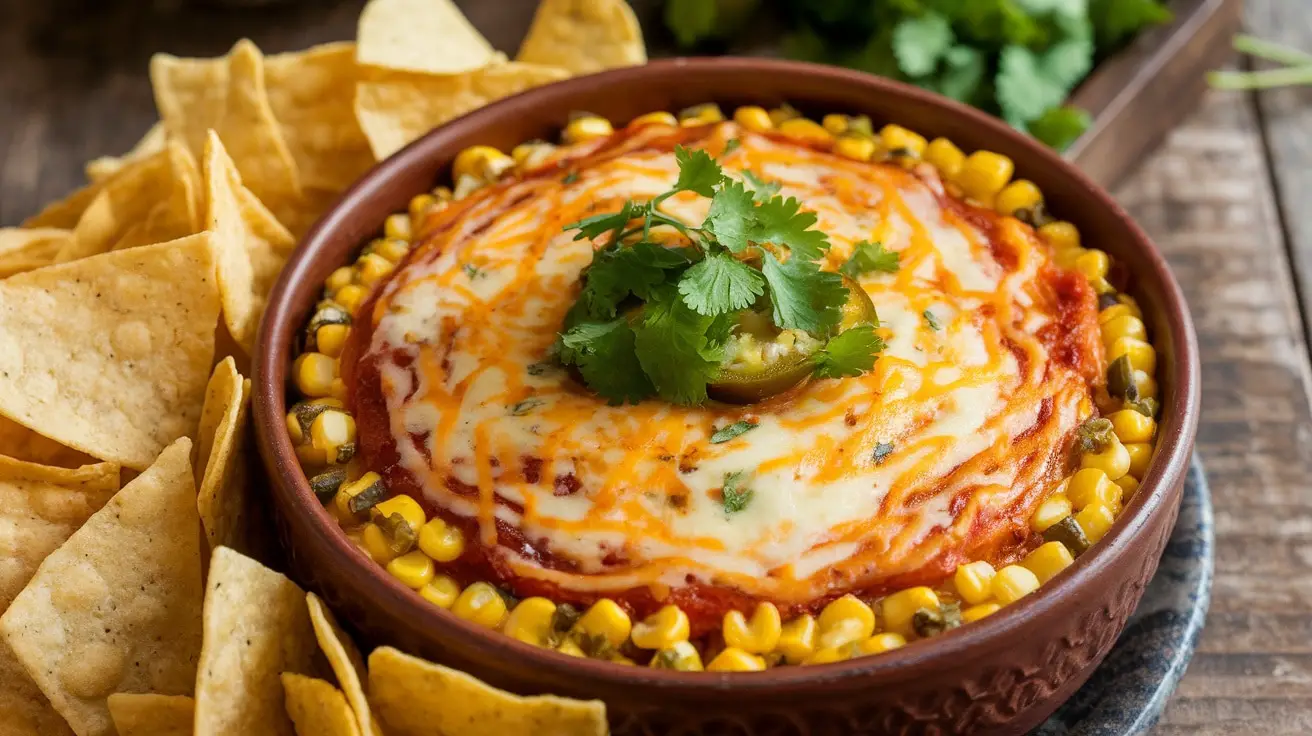 A creamy Caramelized Corn and Jalapeño Dip in a bowl, garnished with cilantro, served with tortilla chips.