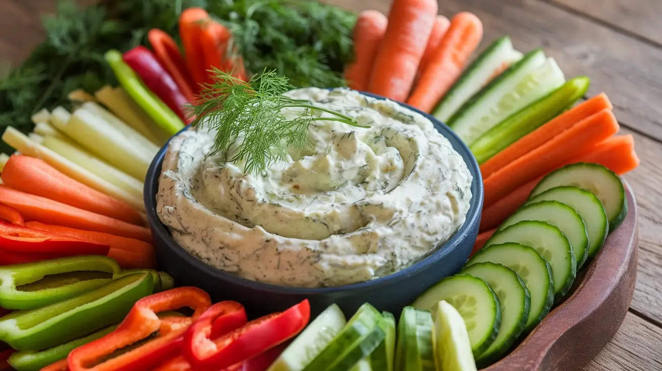 A bowl of creamy cucumber dill dip with fresh vegetables for dipping, on a rustic table.