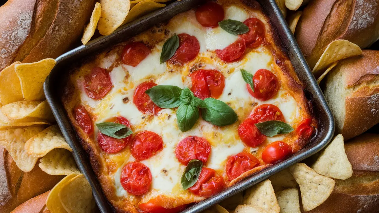 A bubbling Hot Caprese Dip with Mozzarella in a baking dish, with tortilla chips and baguette slices for dipping.