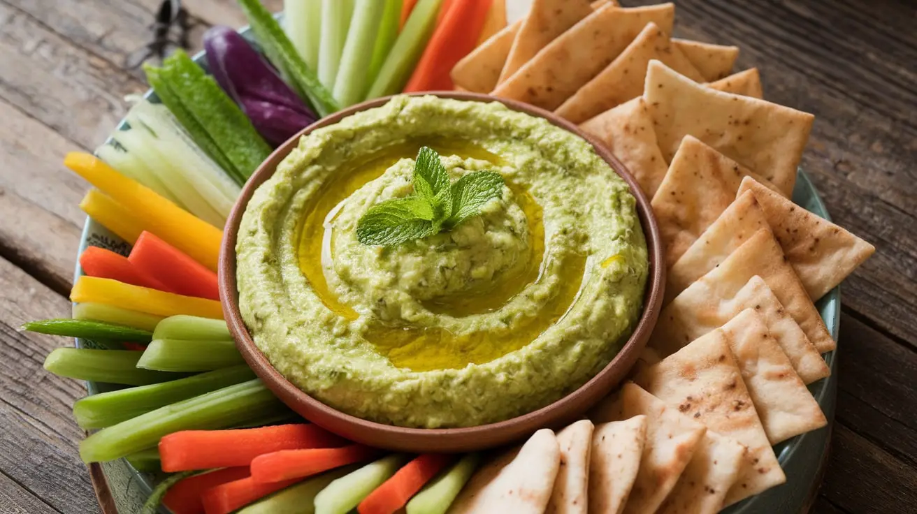 A bowl of Fresh Pea and Mint Dip garnished with mint, alongside vegetable sticks and pita chips.