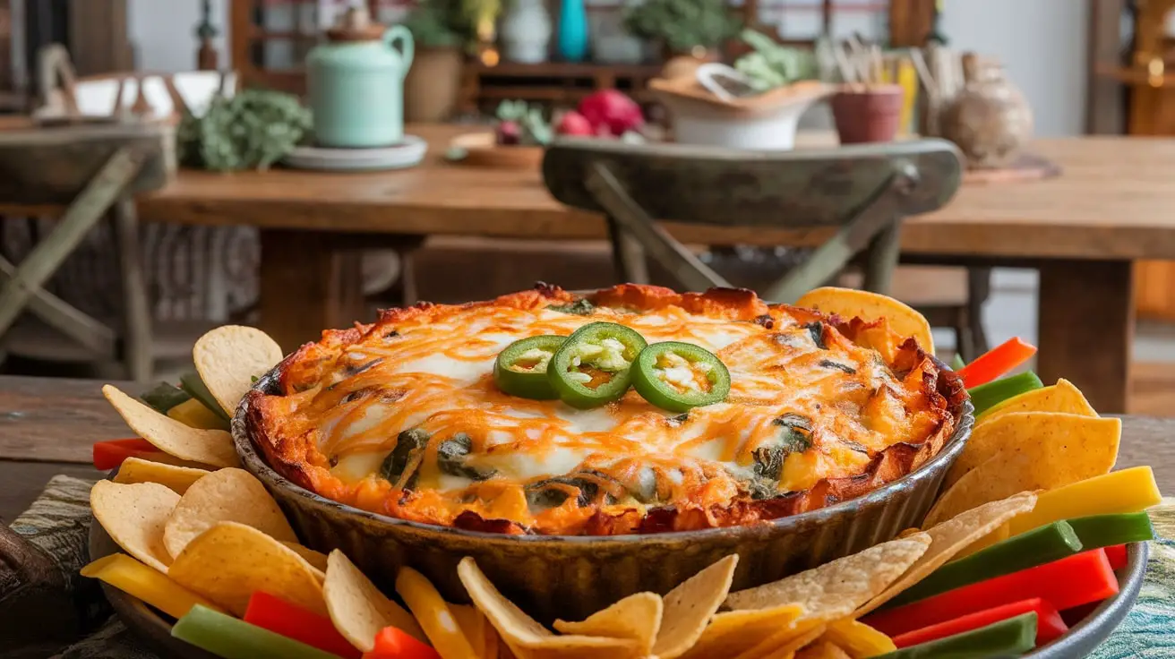 A bubbling Cheesy Jalapeño and Spinach Bake Dip in a rustic dish, surrounded by tortilla chips and fresh vegetables.