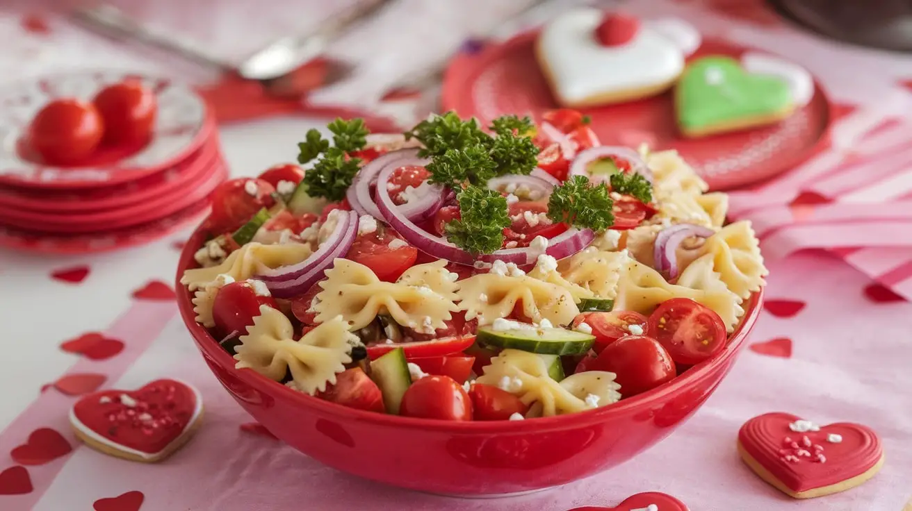 A colorful Love Bowtie Pasta Salad with cherry tomatoes, cucumbers, and feta cheese, served in a romantic setting with Valentine