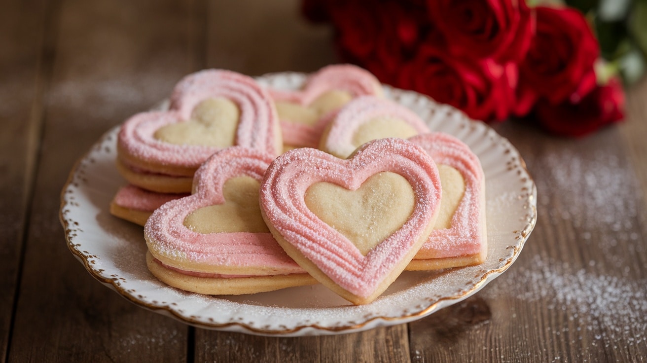 Heart-shaped strawberry swirl shortbread cookies with powdered sugar, on a plate with roses, perfect for Valentine