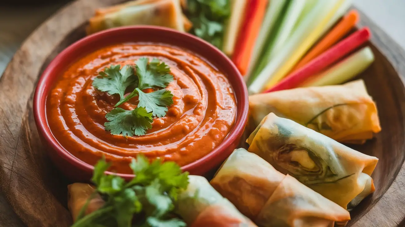 A bowl of Sweet Thai Chili Dip garnished with cilantro next to spring rolls and vegetable sticks on a rustic wooden platter.