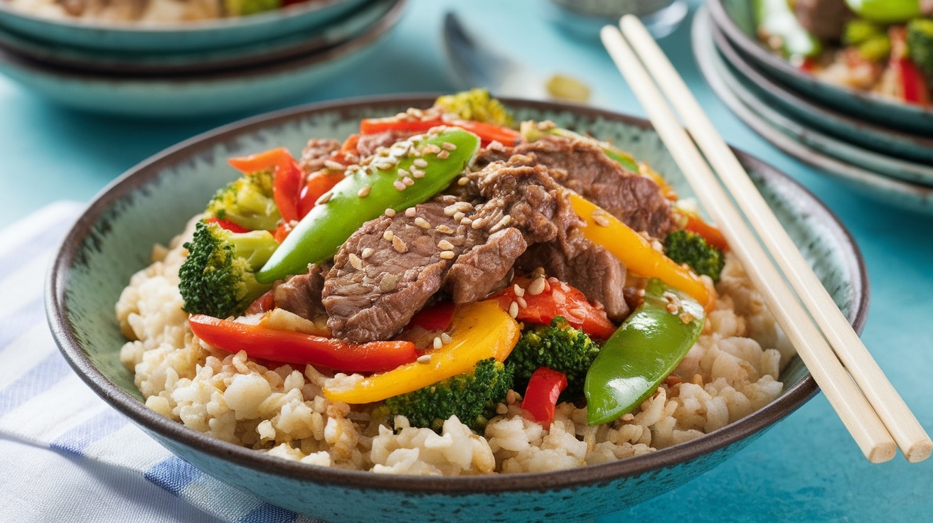 A colorful Beef and Vegetable Stir-Fry with Cauliflower Rice in a bowl, garnished with sesame seeds, served with chopsticks.