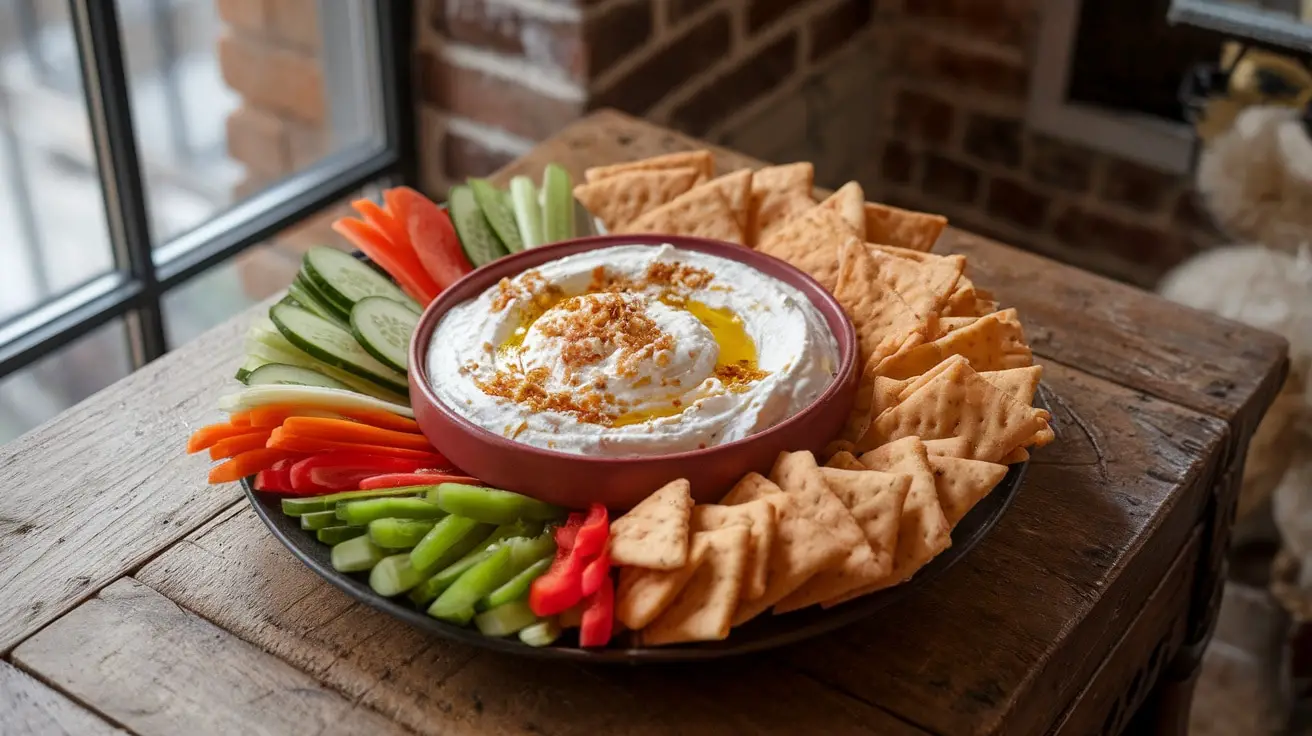 Creamy Spinach and Feta Yogurt Dip with fresh vegetables and pita chips on a rustic table.