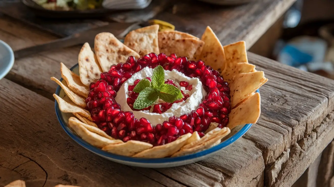 A colorful Pomegranate and Feta Dip in a bowl with pita chips on a wooden table.