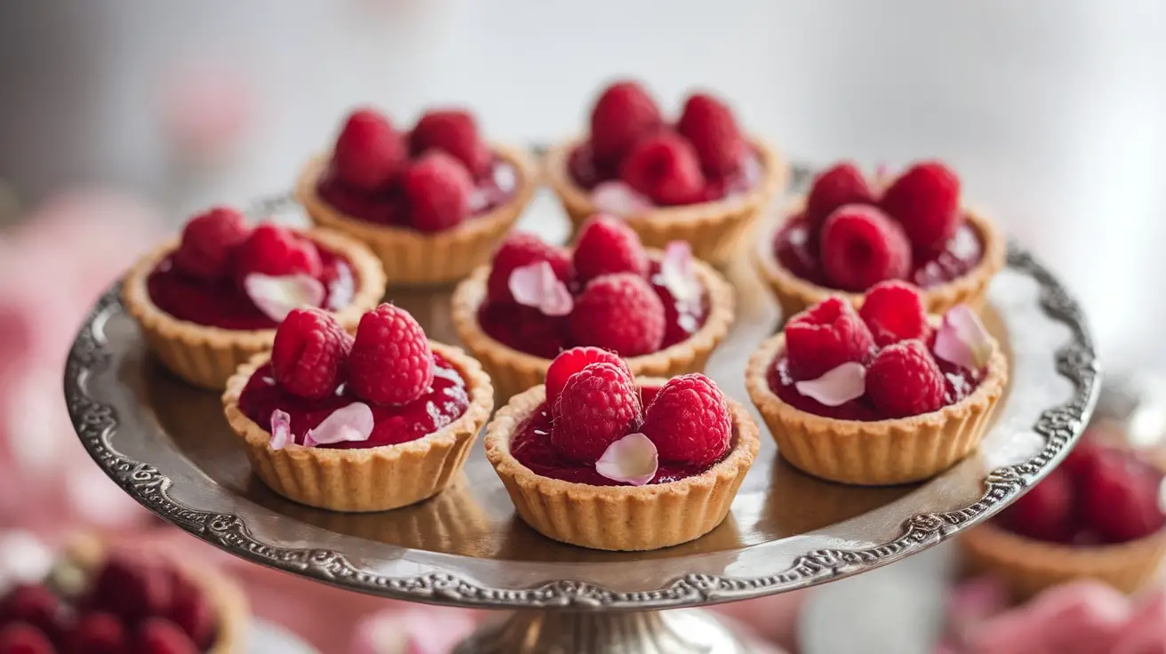 Delicate raspberry rose tartlets on a silver platter, garnished with raspberries and rose petals.