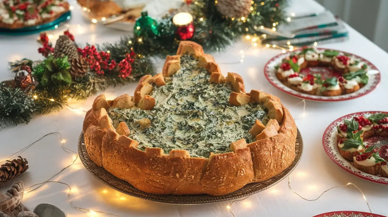 Christmas Tree Spinach Dip Bread Bowl surrounded by festive decorations, showcasing creamy spinach dip in a bread bowl.