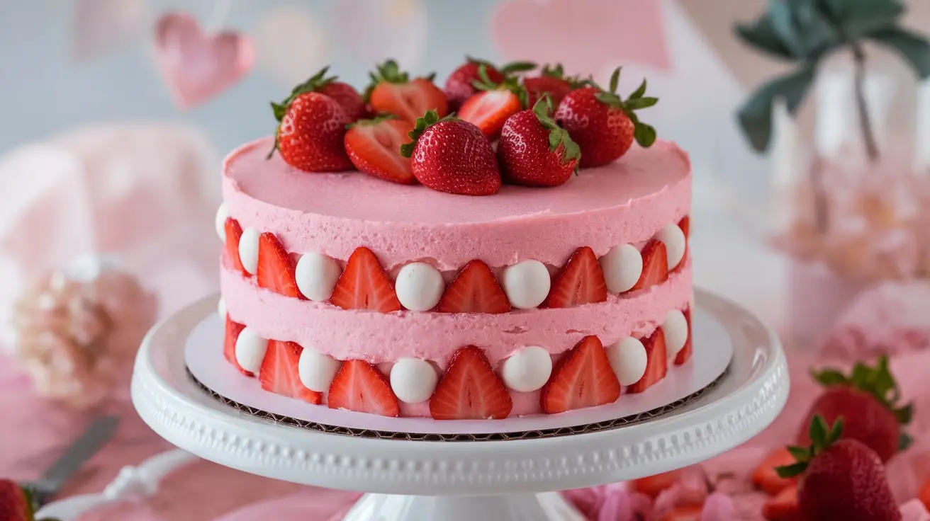 Strawberry Mousse Layer Cake with fresh strawberries on a cake stand, perfect for Valentine