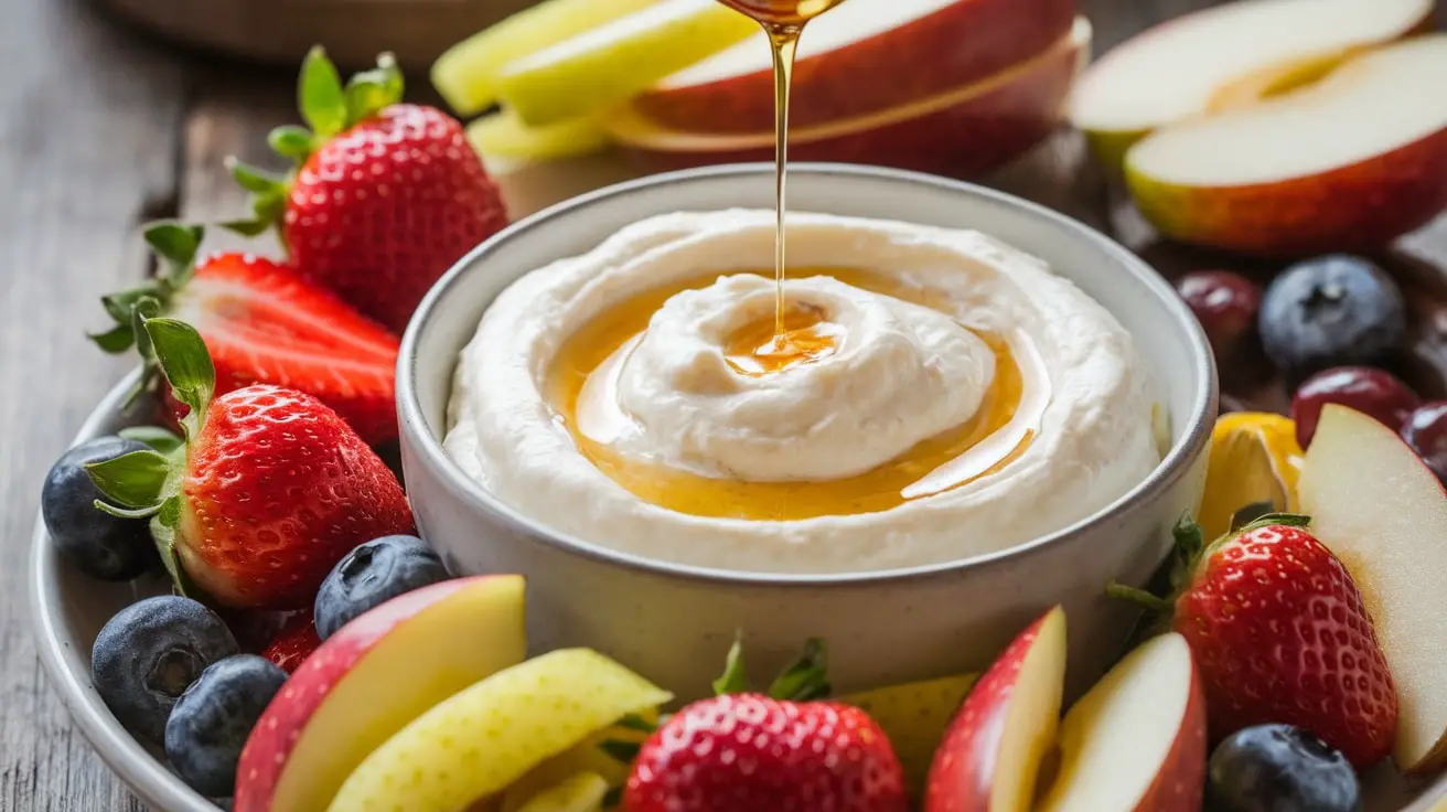 Creamy Honey-Lemon Ricotta Dip with fresh fruits on a rustic wooden table.