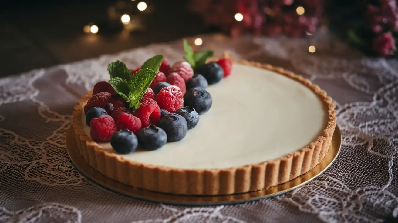 A decadent White Chocolate Valentine Tart garnished with berries and mint, ideal for Valentine