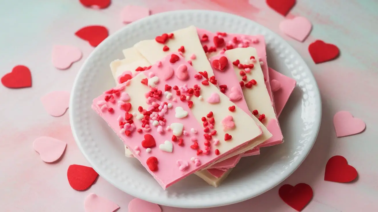 A plate of vibrant Pink and White Valentine Bark with heart sprinkles, perfect for Valentine