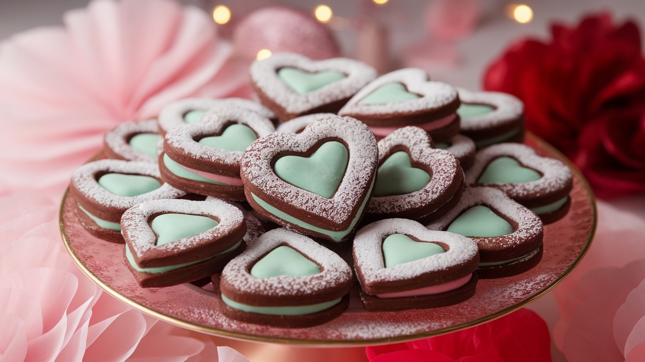 Heart-shaped Peppermint Patty cookies on a decorative plate, perfect for Valentine