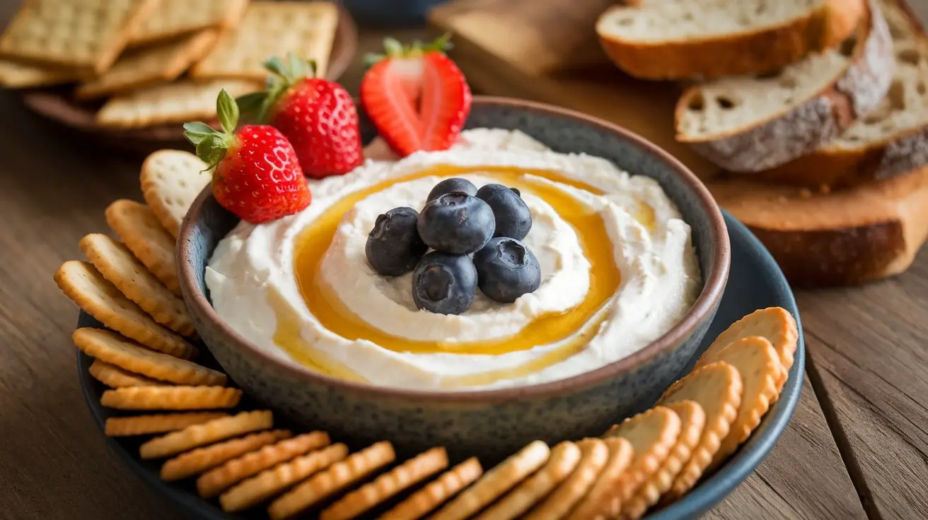 A bowl of creamy Honey Ricotta Dip garnished with fruit and honey, served with crackers on a wooden table.