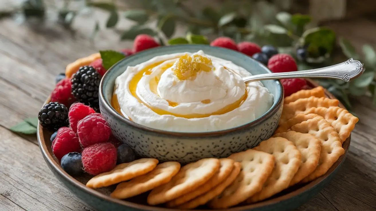 A bowl of whipped ricotta honey dip with honey drizzle, surrounded by fresh berries and crackers.