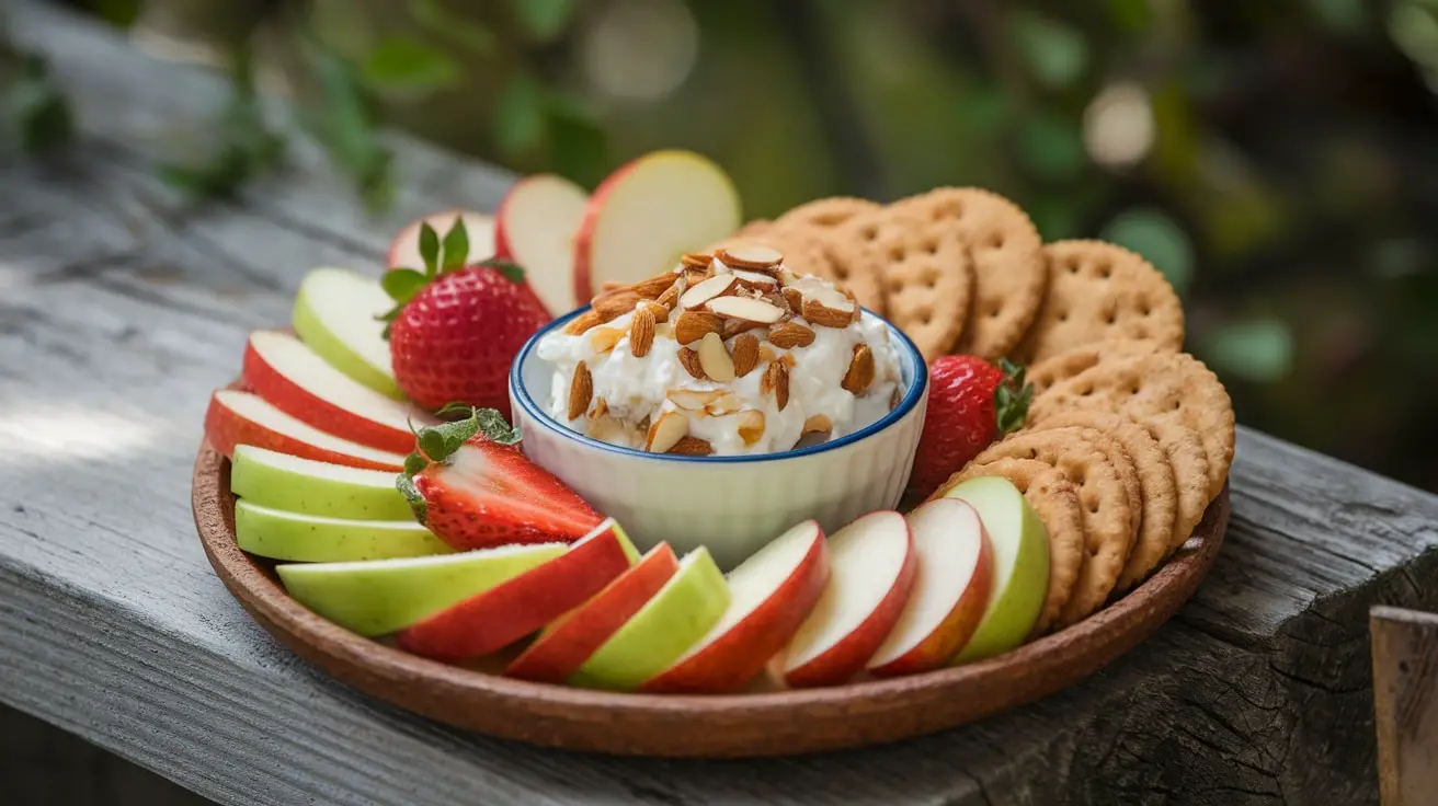 A bowl of honey almond and ricotta spread with almonds on top, surrounded by fresh fruit and crackers.