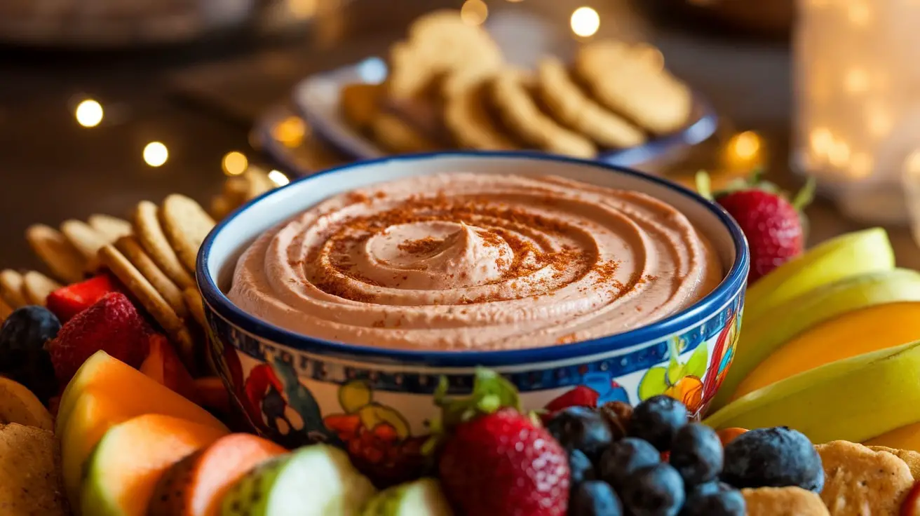 Creamy Hot Spiced Chai Dip in a bowl, surrounded by fresh fruits and cookies on a rustic table.