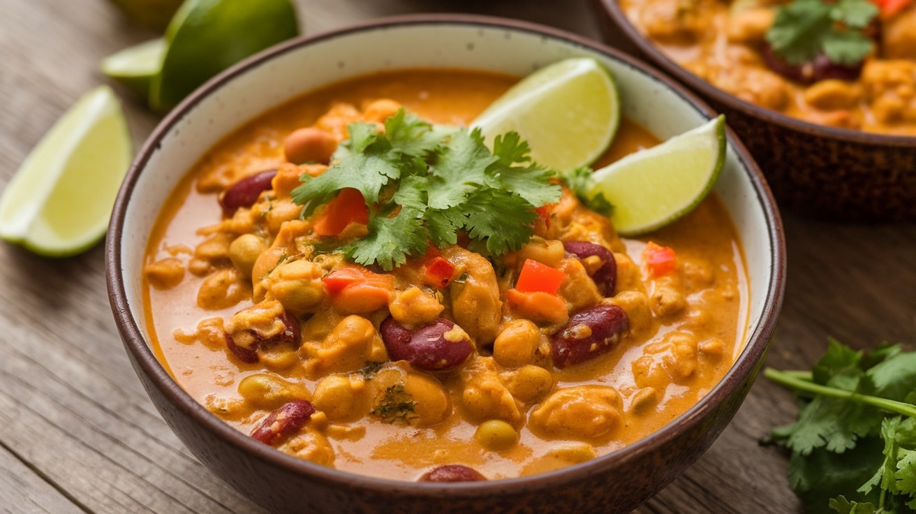 A bowl of Coconut Curry Chili with beans and bell peppers, garnished with cilantro and lime on a wooden table.